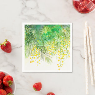 Bright Yellow Mimosa Watercolor Flower Painting Napkin