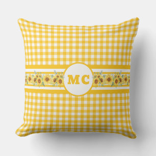 Bright Yellow Monogram Gingham Plaid Sunflower Cushion