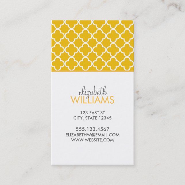 Bright Yellow Moroccan Quatrefoil Pattern Business Card (Front)