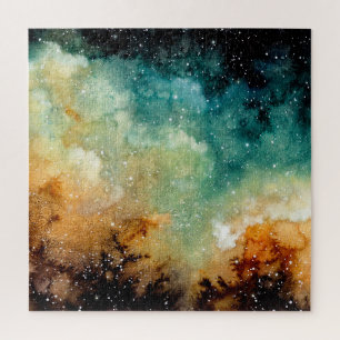 Bright yellow nebula, watercolor dark sky. jigsaw puzzle