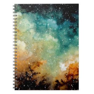 Bright yellow nebula, watercolor dark sky. notebook