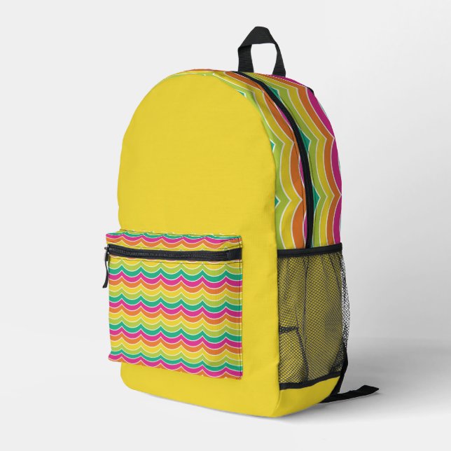 BRIGHT YELLOW ORANGE PINK BLUE GREEN STRIPES PRINTED BACKPACK (Back Corner Right)
