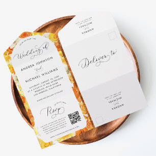 Bright Yellow Orange Summer Floral QR Code Wedding All In One Invitation