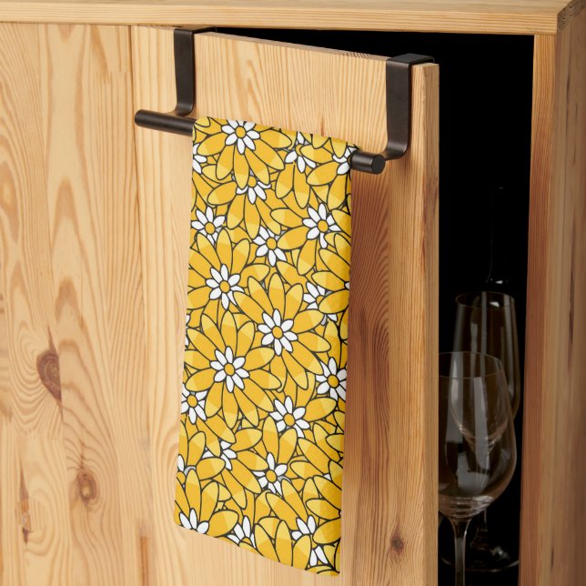 Bright Yellow Overlapping Floral Pattern Tea Towel (Thirds Fold)