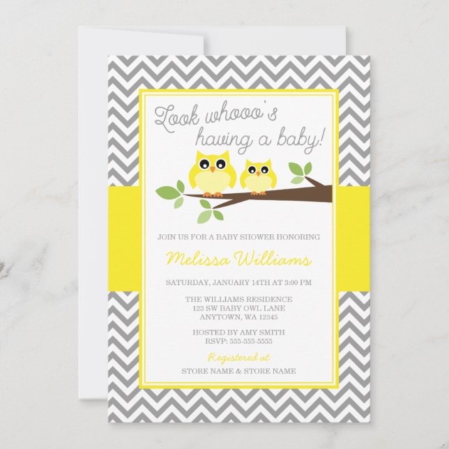 Bright Yellow Owl Grey Chevron Baby Shower Invitation (Front)