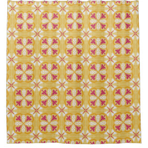 bright yellow pattern with red and white floral shower curtain