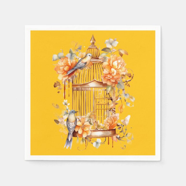 Bright Yellow Peach Bronze Birdcage Shower Napkin (Front)