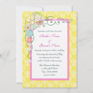 Bright Yellow Pink Floral Spring Wedding Invitation