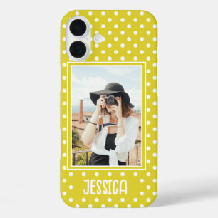 Bright Yellow Polka Dot Custom Photo and Name iPhone 16 Plus Case