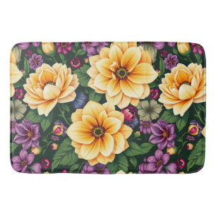 Bright Yellow & Purple Flowers Colourful Floral Bath Mat