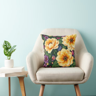 Bright Yellow & Purple Flowers Colourful Floral Cushion