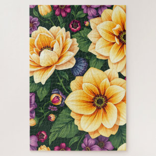 Bright Yellow & Purple Flowers Colourful Floral Jigsaw Puzzle