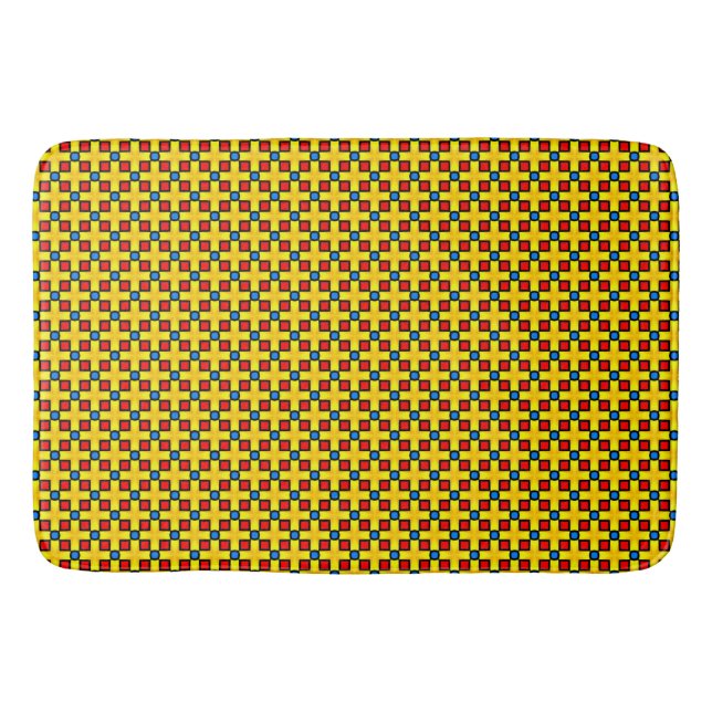 Bright Yellow Red and Weaved Blue Bath Mat (Front)