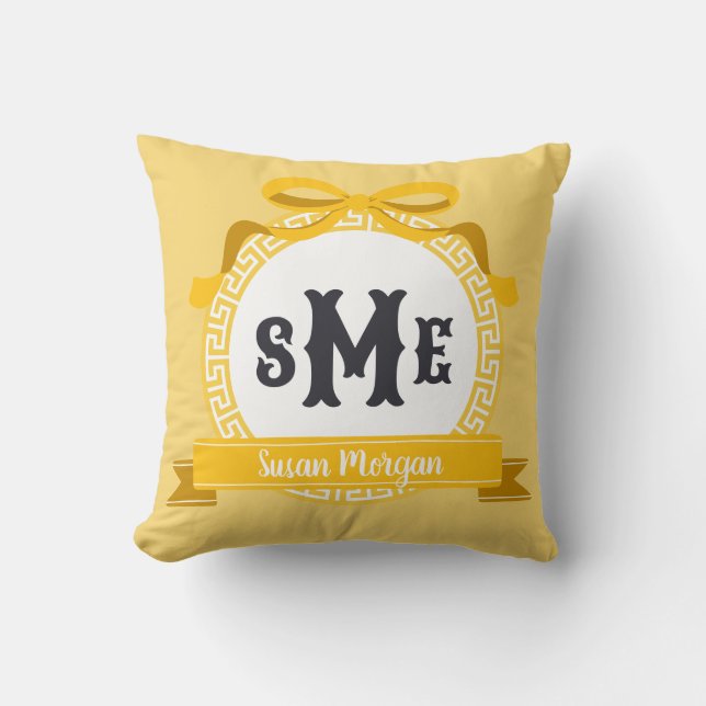 Bright Yellow Reverse Greek Key Bow Monogram Cushion (Front)