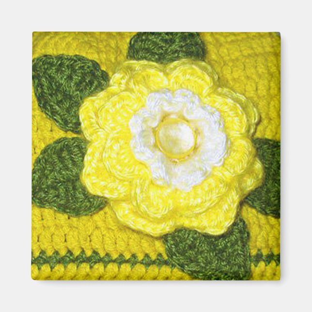 Bright Yellow Rose and Green Leaves Crochet Print Magnet (Front)