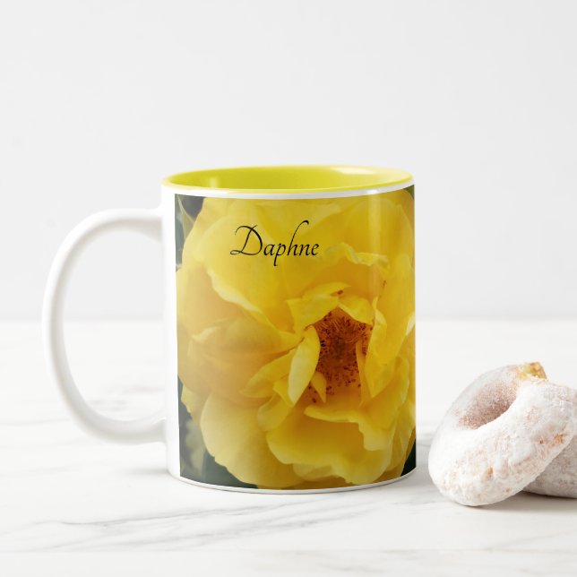 Bright Yellow Rose Flowers Mirrored Image Two-Tone Coffee Mug (With Donut)