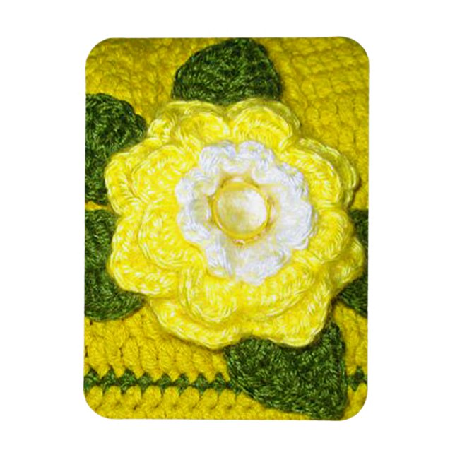 Bright Yellow Rose Green Leaves Crochet Print on Magnet (Vertical)