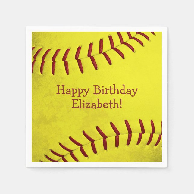 bright yellow softball themed girls sports party napkin (Front)