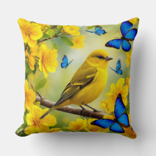 Bright Yellow Songbird Perched on a Branch Cushion
