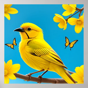 Bright Yellow Songbird Perched on a Branch Poster