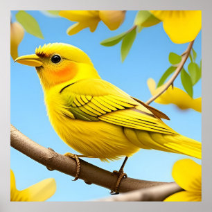 Bright Yellow Songbird Perched on a Branch Poster