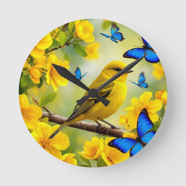 Bright Yellow Songbird Perched on a Branch Round Clock (Front)