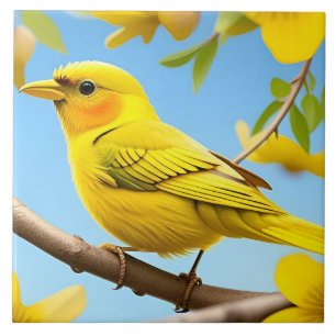 Bright Yellow Songbird Perched on a Branch Tile