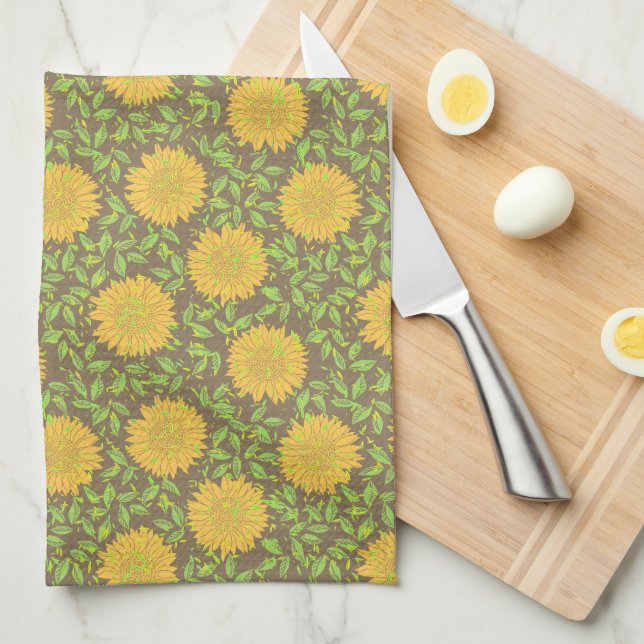 Bright Yellow Summer Sunflowers Tea Towel (Quarter Fold)