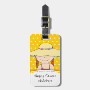 Bright yellow sun hat girl polka named luggage tag