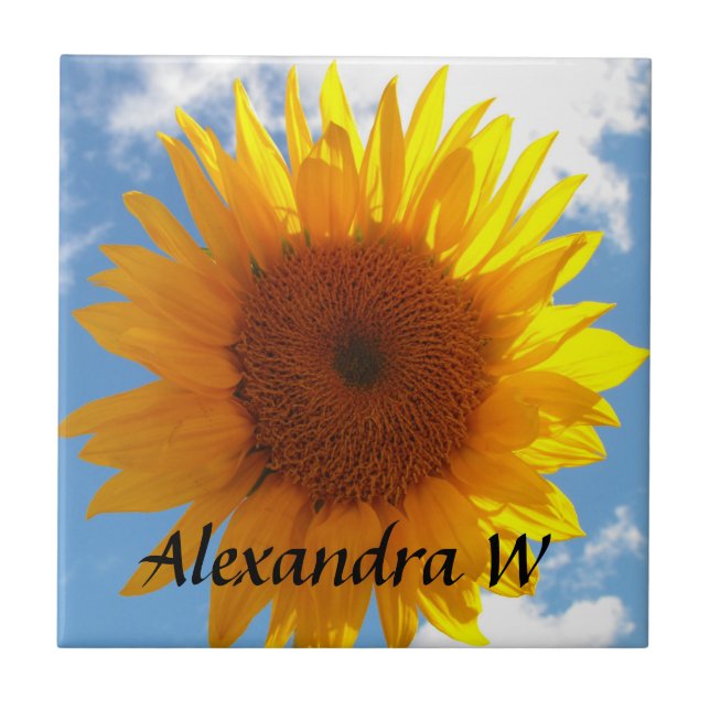 Bright Yellow Sunflower Blue Sky Personalised Tile (Front)