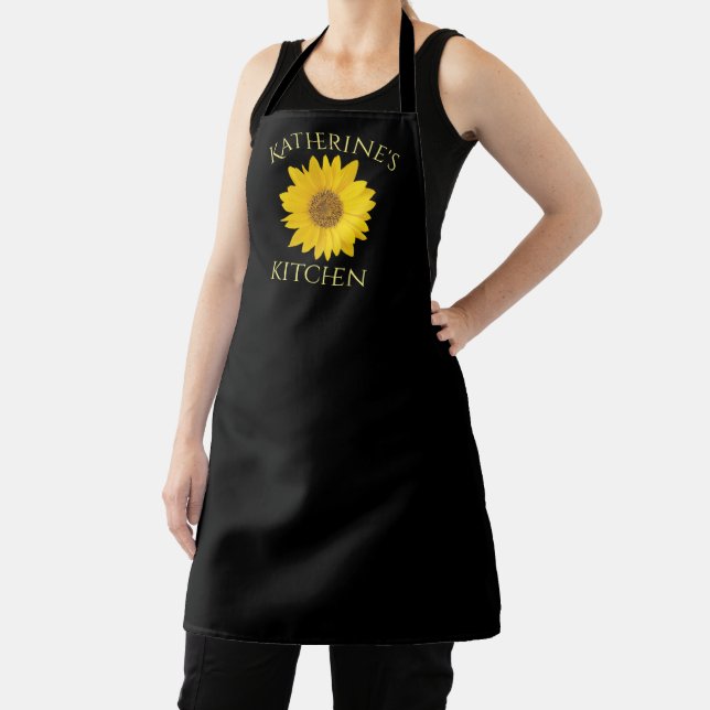 Bright Yellow Sunflower Custom Name Black Apron (Insitu)