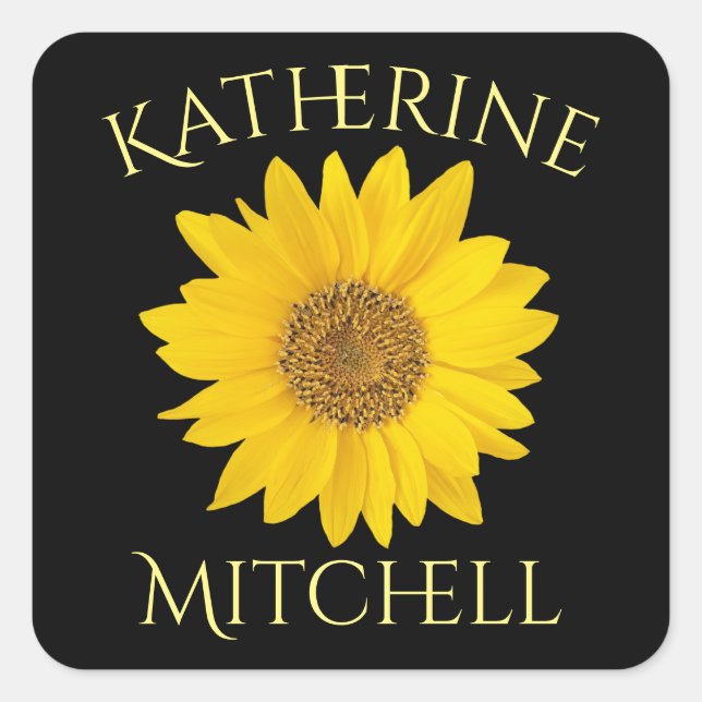 Bright Yellow Sunflower Custom Name Black Square Sticker (Front)