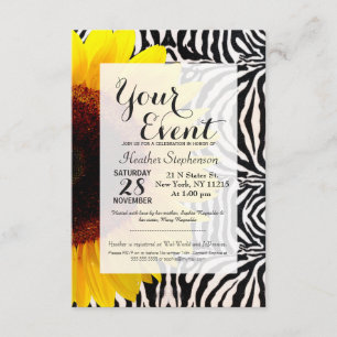 Bright Yellow Sunflower on Zebra Print Stripes Invitation