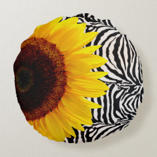 Bright Yellow Sunflower on Zebra Print Stripes Round Cushion