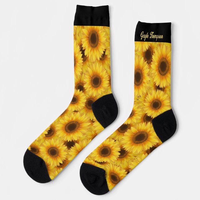 Bright Yellow Sunflowers with Name Crew Socks (Left)
