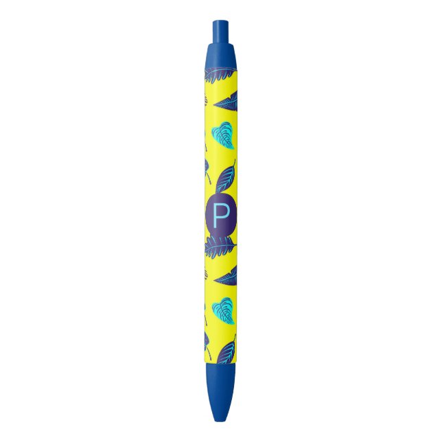 Bright Yellow Tropical Leaf Pattern Monogram Black Ink Pen (Front Vertical)