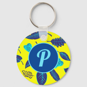 Bright Yellow Tropical Leaf Pattern Monogram Key Ring