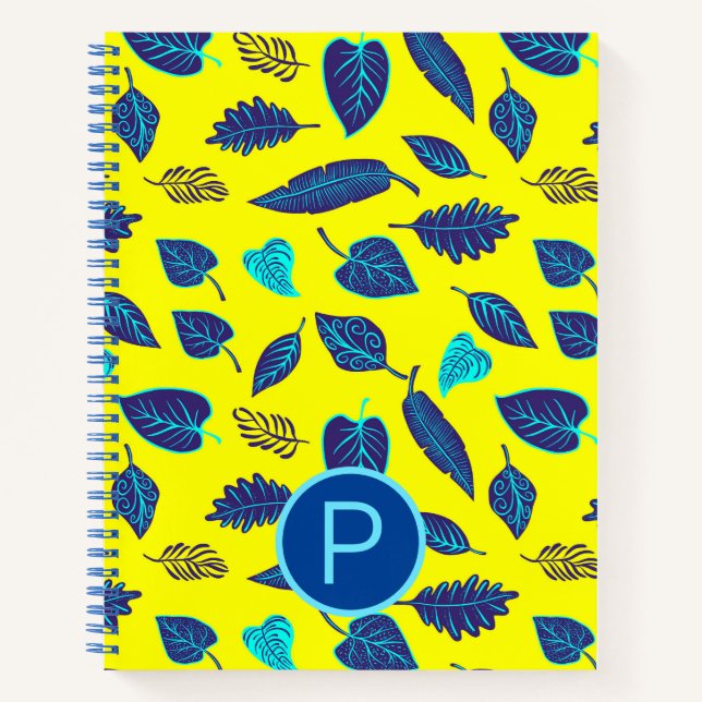 Bright Yellow Tropical Leaf Pattern Monogram Notebook (Front)