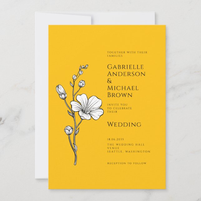 Bright Yellow Vintage Retro Floral Wedding  Invitation (Front)