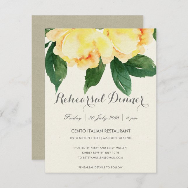 BRIGHT YELLOW WATERCOLOR FLORAL REHEARSAL DINNER INVITATION (Front/Back)