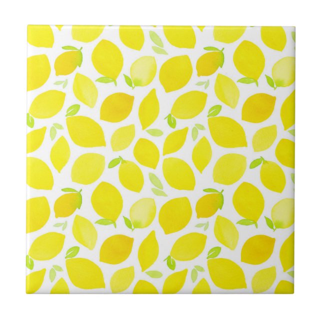 Bright Yellow Watercolor Lemon Pattern Tile (Front)