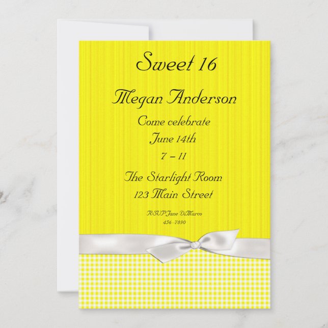 Bright Yellow White Checks Bow Invitation (Front)