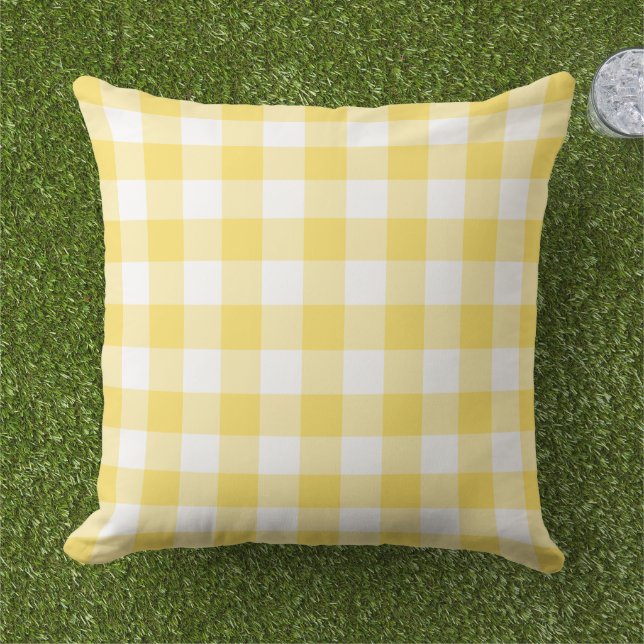 Bright Yellow White Gingham Plaid Check Cushion (Grass)