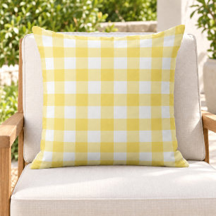 Bright Yellow White Gingham Plaid Check Cushion