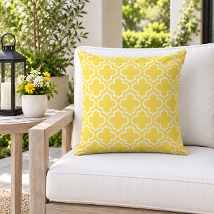 Bright Yellow White Quatrefoil Trellis Cushion
