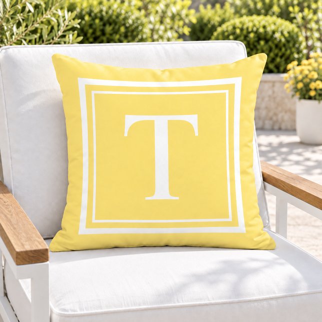 Bright Yellow White Square Frame Monogram Cushion (Creator Uploaded)