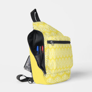 BRIGHT YELLOW WITH WHITE LACE LOOK ROWS SLING BAG