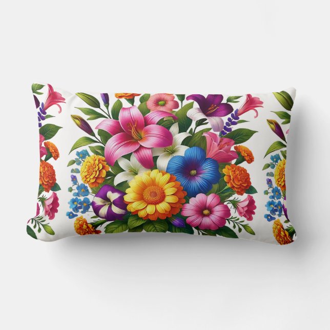 Bright Zinnias & Cosmos Flower Garden - Cheerful a Lumbar Cushion (Front)