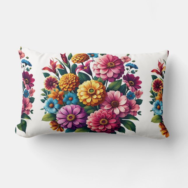 Bright Zinnias & Cosmos Flower Garden Lumbar Cushion (Front)