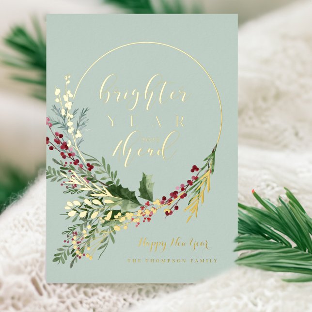 Brighter Year Ahead Watercolor Wreath New Year (Brighter Year Ahead Watercolor Wreath New Year Foil Holiday Card)
